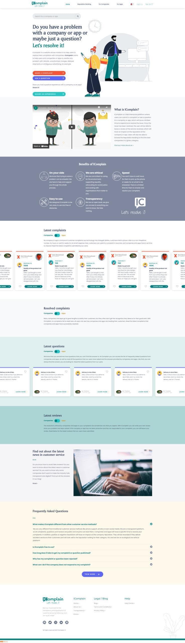 iComplain full home page, including reputation ranking and latest complaints